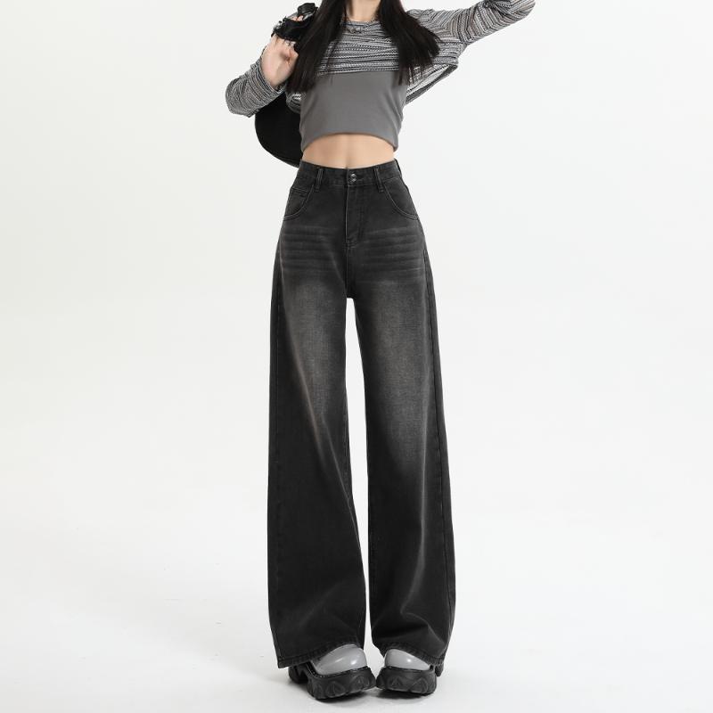 Schwarz Grau Amerikanische Retro Jeans Weites Bein Baggy Hose Streetwear Hose Y2k Fashion Spice Girls Denim Hose Straight Jeans S schwarz grau