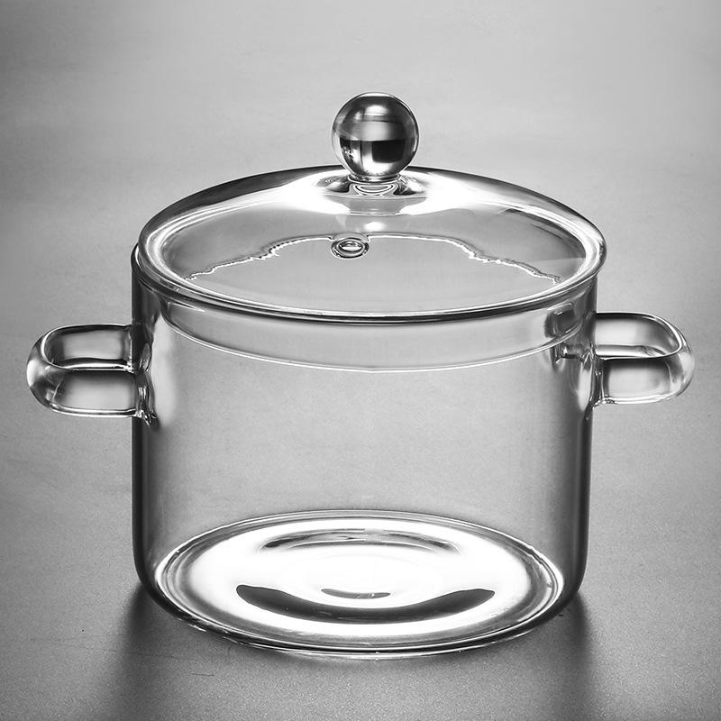 Transparenter Hochtemperatur-Glastopf für Suppen, Eintöpfe und Nudeln - Geeignet für Elektro- und Keramikherde sowie zum Kochen über offener Flamme Double handle; 1350ml