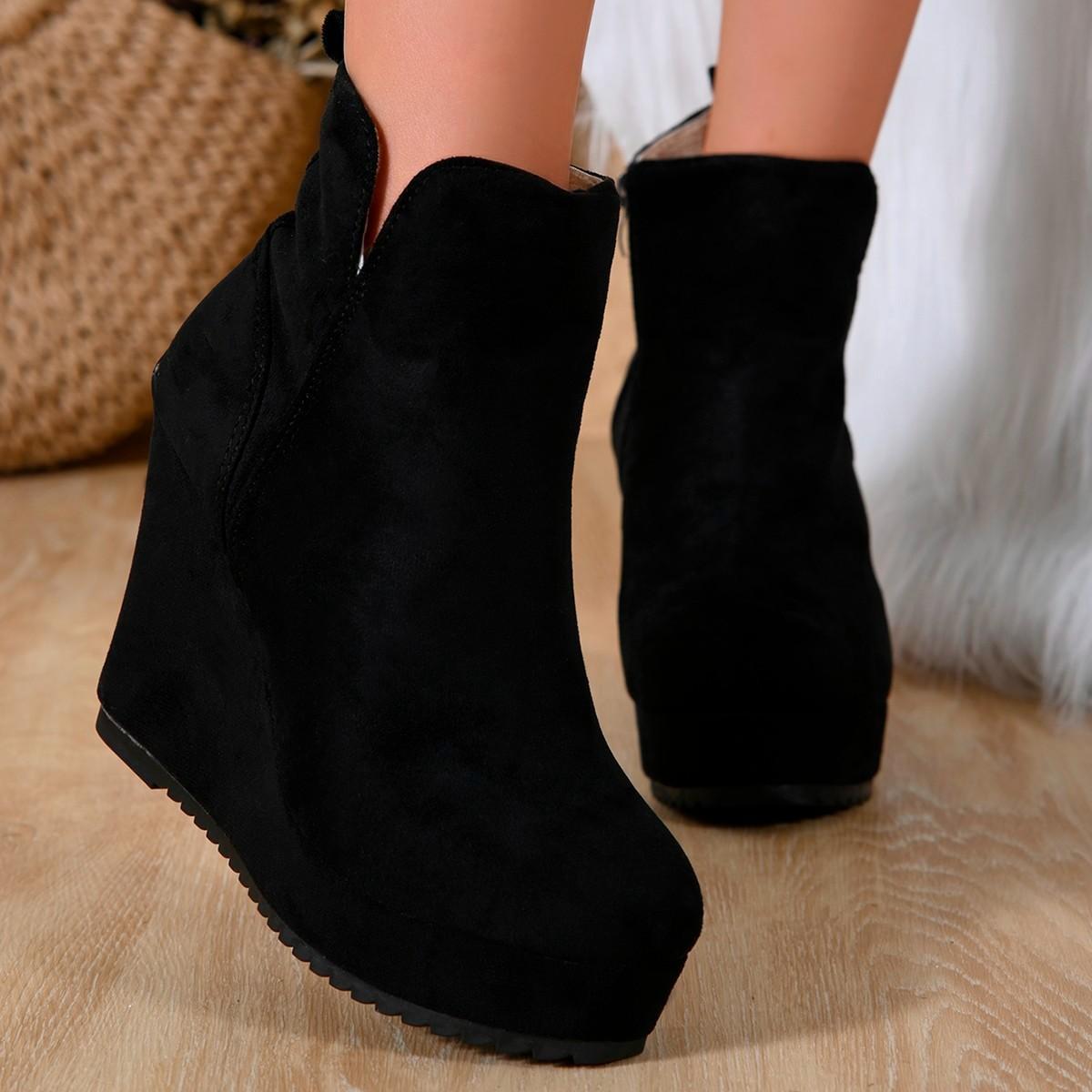 Damen Wildleder Keil Stiefeletten, Seitlicher Reißverschluss Plateau Winter Stiefeletten, Europäischer Stil Dicke Sohle Schuhe für Damen 36 schwarz