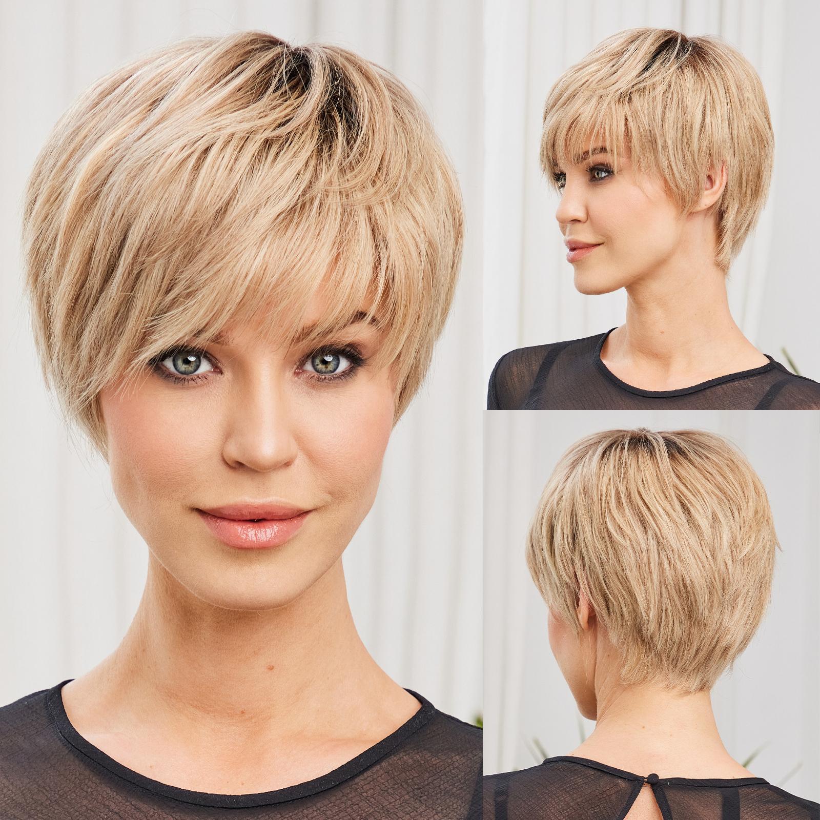 HAIRCUBE Bob Pixie Cut Hellbraune geschichtete Remy-Menschenhaarperücken mit Pony, kurze natürliche Wellen, Echthaar, maschinengefertigte Perücken für Frauen, Afro