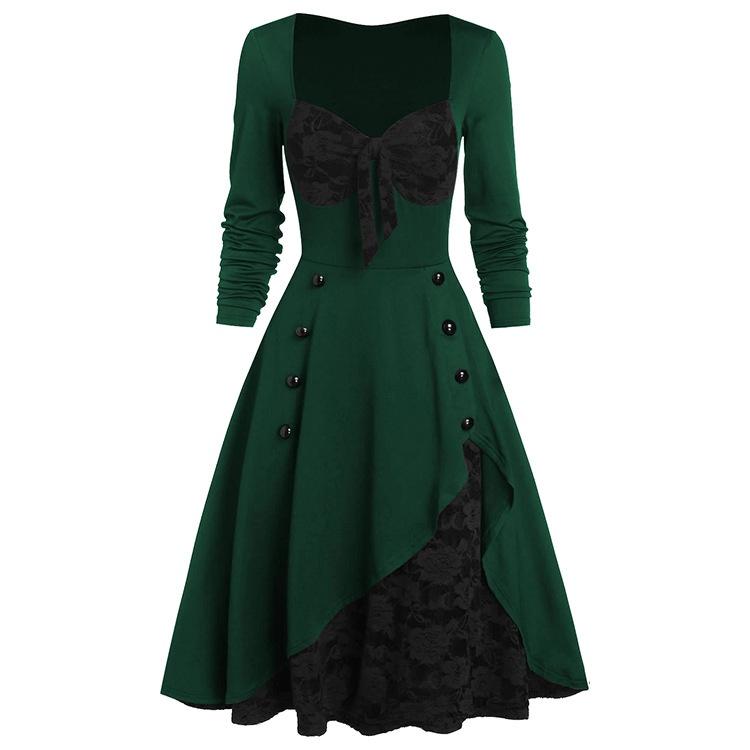 Halloween Frauen Mittelalter Vintage Gothic Renaissance Kleid Cosplay Palace Retro Spitze Nähte Knopf Langarm Damen Kleid Kleid Übergröße 2XL grün