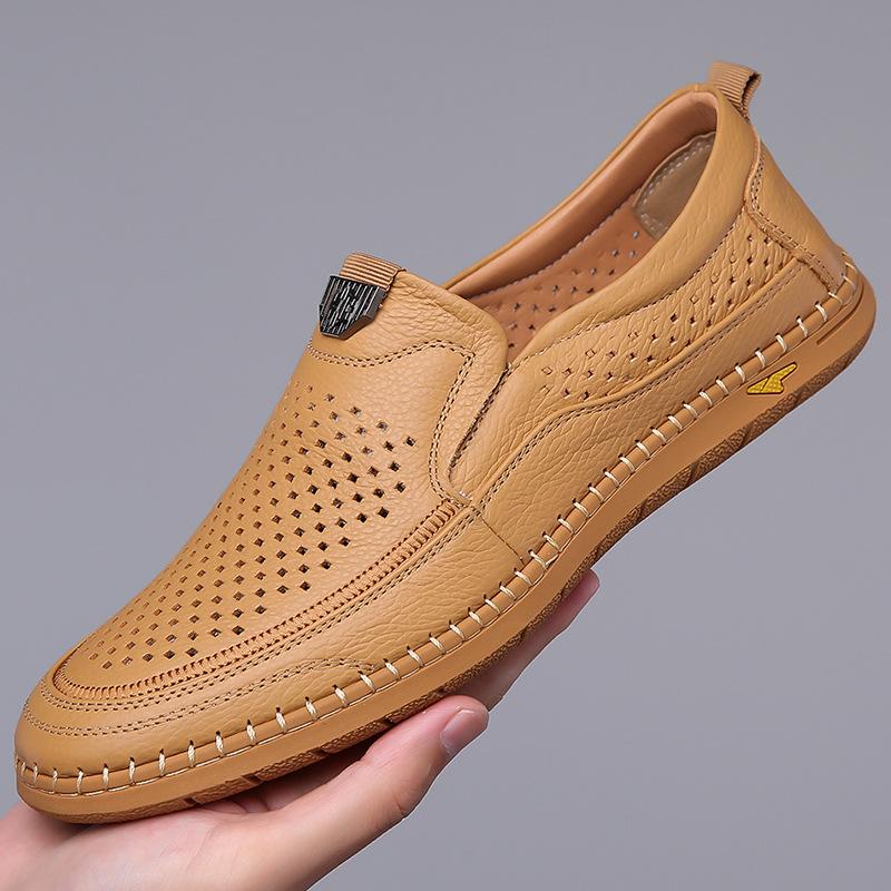 2024 Sommerschuhe für Herren Sandalen aus echtem Leder Neue aushöhlen Slip-on Loafers Mode atmungsaktive Leder Freizeitschuhe 41 dunkle khaki