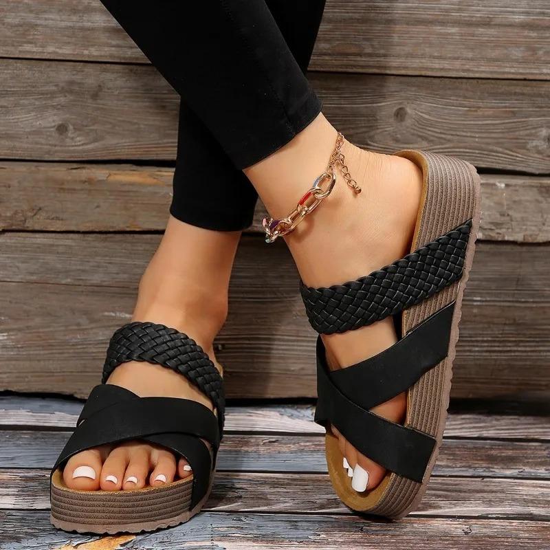 Mode Mode Flatform Kork Sandalen Damen Sommer 2024 Rutschfeste Plateau News Pantoletten Damen Dicke Sohle Outdoor Slides Schuhe Frau 42 schwarz
