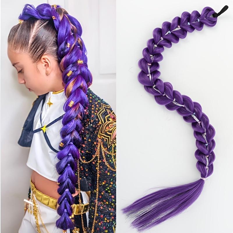 32 Zoll geflochtene lila Haarpferdeschwanz mit Glitzerhaar-Perücke, super lange Extensions, glänzendes Glitzerhaar für Kinder-Party-Gebrauch, lila Perücke