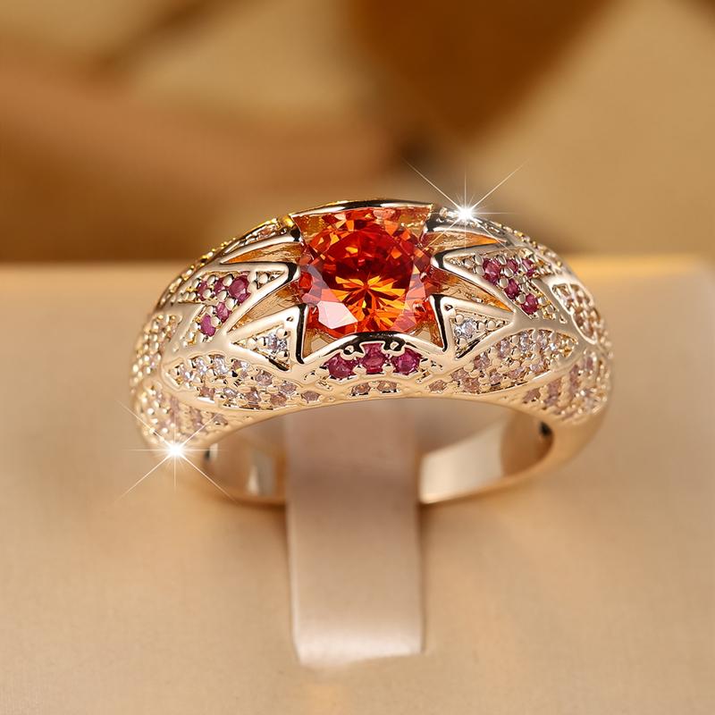 Exquisiter runder roter Zirkon Ehering für Frauen Luxus Gold Farbe Verlobungsring Modeschmuck Elegantes Geburtstagsgeschenk 8 gold