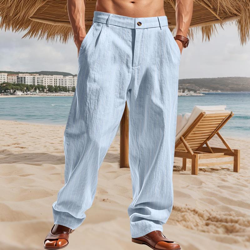 Herren Baumwolle Leinen Hose Locker Kühl Gestreift Lässig Strand Lange Hose Reißverschluss Große Größen Streetwear Mode Leichte Hose 2XL blau
