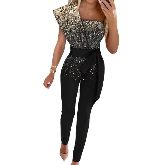 Frauen Pailletten Sharkly Shiny Party Overall Frühling Eleagnt Schulter Drapierte Büro Overall Sommer Aushöhlen Gerade Overalls L gold
