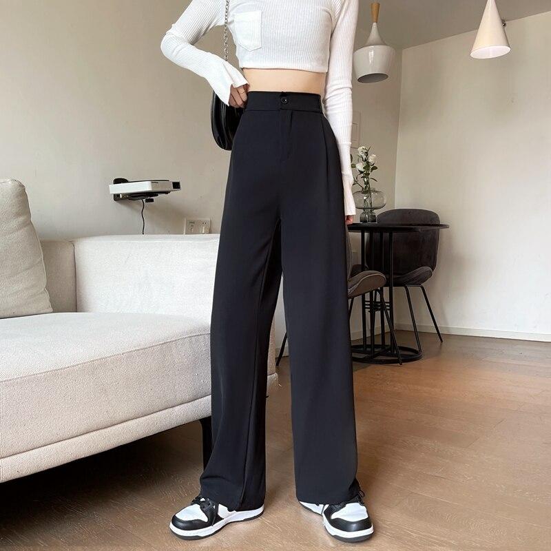 Frauen Loose High Taille Wide Leg Hose Frühling Herbst Casual Straight Suits Hose Feminin Solid Plus Size 4XL Lange Hose S schwarz