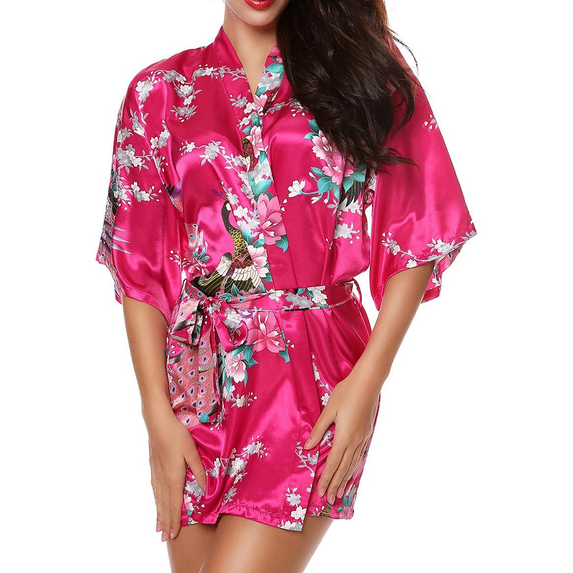 Seide Royal Floral Frauen Robe Sexy Hochzeitskleid Nachtwäsche Nachthemd Kimono Bademantel XXL hellrosa
