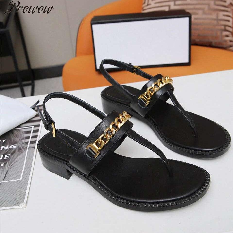 Prowow Sandalen Frauen Kette Dekor Echtes Leder Flip-Flop Slides Mode Luxus Marke Designer Frau Schuhe frauen sandalen 37 schwarz