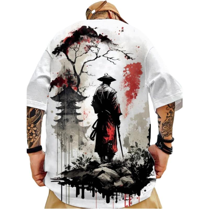 Modische Herren-T-Shirts mit japanischem Samurai-Aufdruck, Sommer, O-Ausschnitt, kurzärmelig, lose T-Shirts, Streetwear, Hip-Hop-Tops, 3XL S