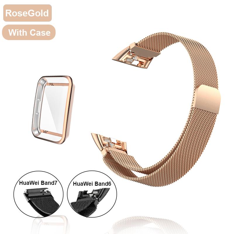 Metall-Uhrenarmband für Huawei Band 6, 7, Band, Honor 6, Armband mit TPU-Hülle, Displayschutzfolie, weicher Film, Huawei Magnetschlaufenband For Huawei Band 6 rose gold
