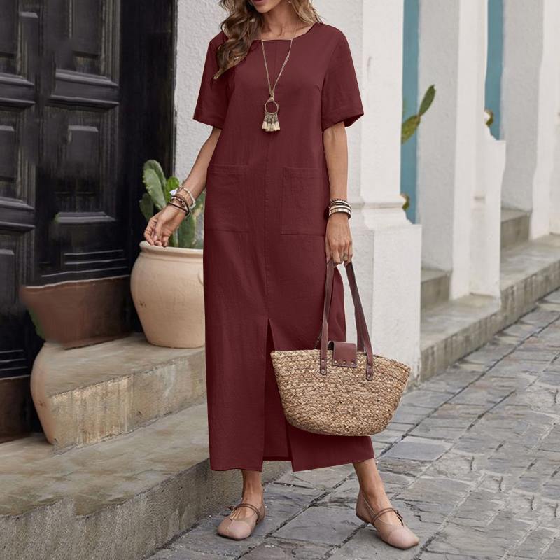 GMXIA Sommerkleider für Damen, Baumwolle und Leinen, einfarbig, locker, O-Ausschnitt, kurze Ärmel XXL rot