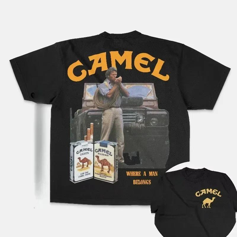 Retro Auto Camel Zigaretten T-Shirt Vintage Baumwolle Oberteile T-Shirts Kurzarm Lässig Streetwear Übergroß Damenbekleidung Harajuku L grün