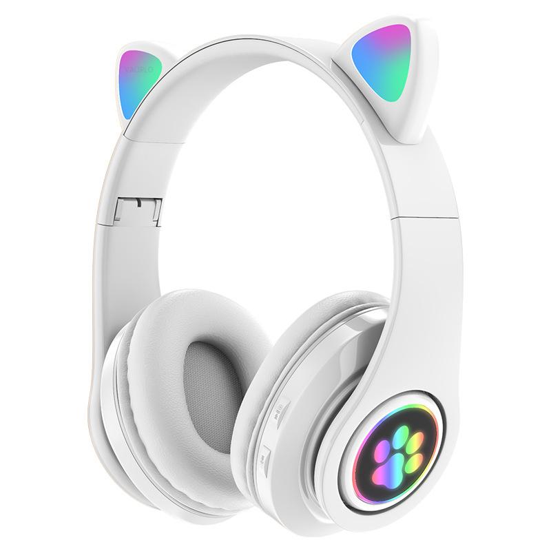 Blitzlicht Katzenohr Bluetooth Kopfhörer mit Mikrofon Unterstützung 3,5 mm AUX/TF-Kartenwiedergabe Kabelloses Headset Kinder Mädchen Kopfhörer Geburtstagsgeschenk weiß