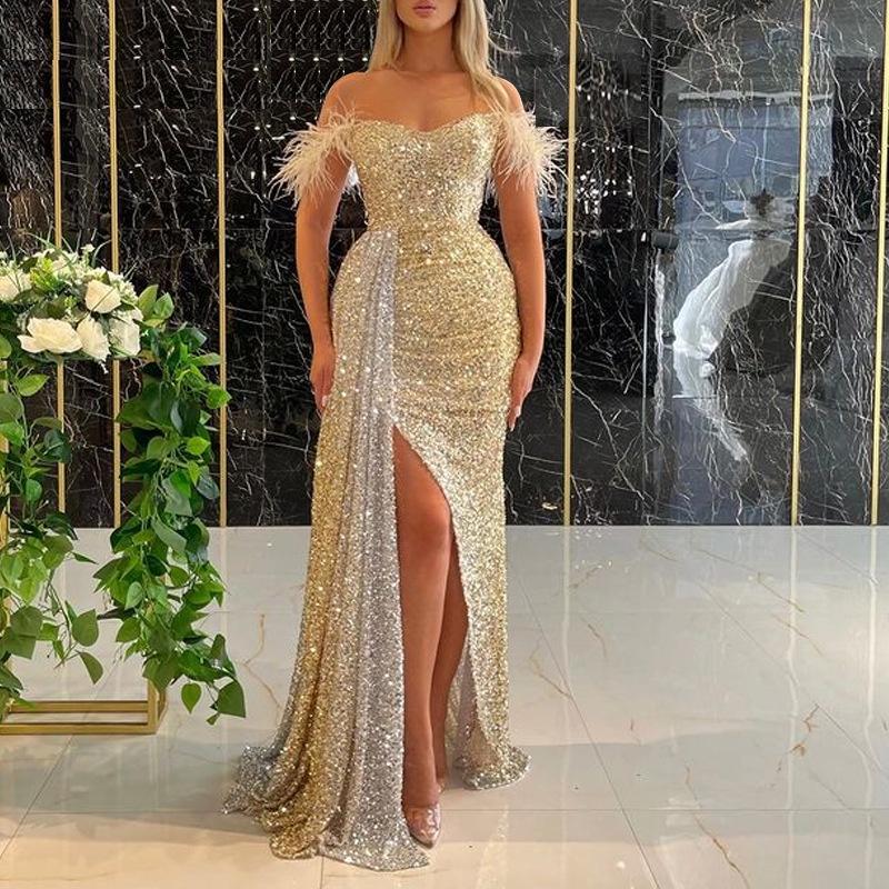 Elegantes Damen-Brautkleid mit Rüschen, Federn, Glitzer, kurzen Ärmeln, schulterfrei, Maxi-langes Kleid für Gastgeber, Hochzeit, Braut, Brautjungfern, Party-Kleider S goldgelb
