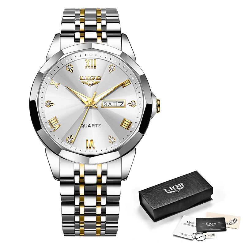LIGE Neue Herrenmode-Uhr, Luxus-Business-Quarzuhr, Edelstahl, wasserdichte Uhr, Nachtleuchtendes Datum, Chronometer-Uhr gold/silber