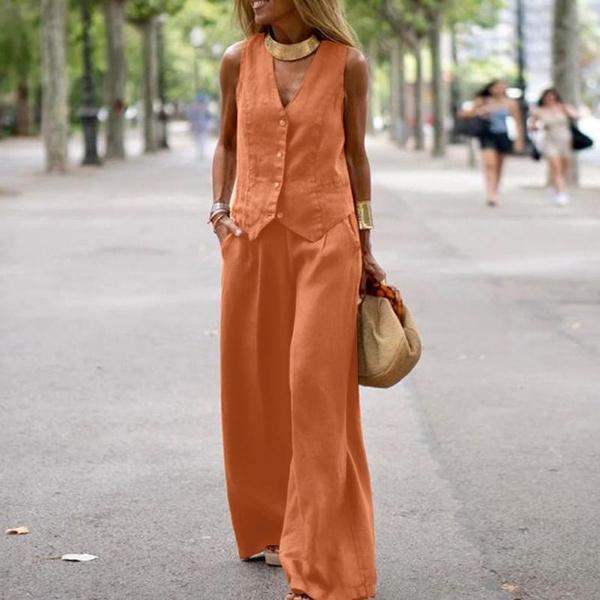 Zweiteiliges Set für Damen, ärmellose Bluse, Tanktops und lange Hose, weite Hose, lässige, lockere Anzüge in Übergröße S orange