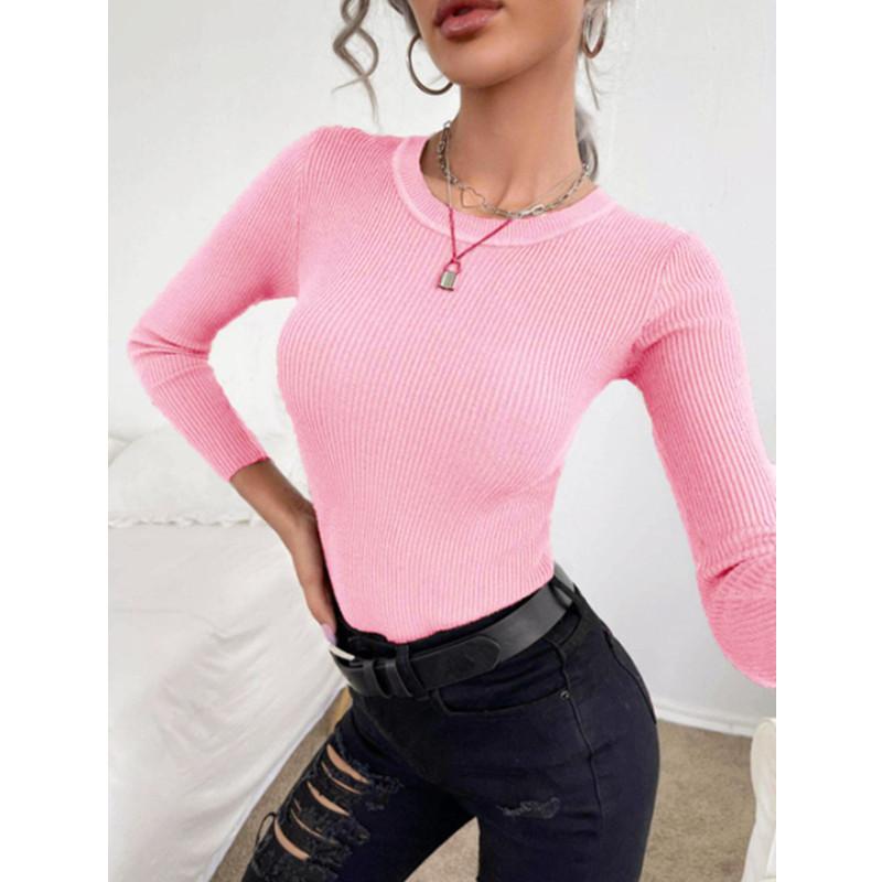 Herbst Winter Pullover Tops frauen Bodenbildung Pullover Mode Langarm Bluse Rippen Gestrickte Casual Jumper Pullover S rosa