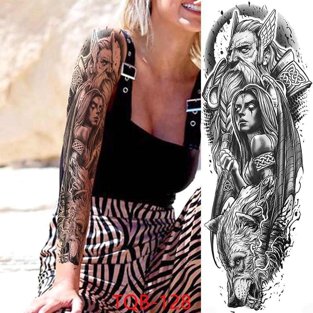 1 STÜCK 480*170 MM Temporäre Tattoo-Ärmel Für Männer Frauen Super Großer Kompass Wolfskopf Auge Gefälschte Löwengott Feder Tattoo Vollen Arm Tattoo Aufkleber TQB-128