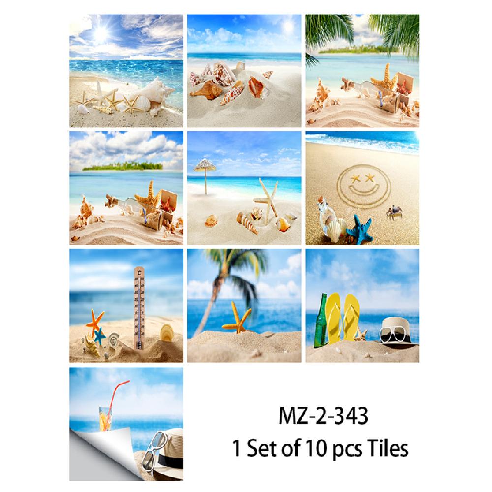 Strandlandschaft Muschelfliesen Aufkleber Küche Kleiderschrank Waschbecken Wandtattoos Heimdekoration Selbstklebende wasserdichte Kunsttapete 10 Stück 10cmX10cmX10pcs