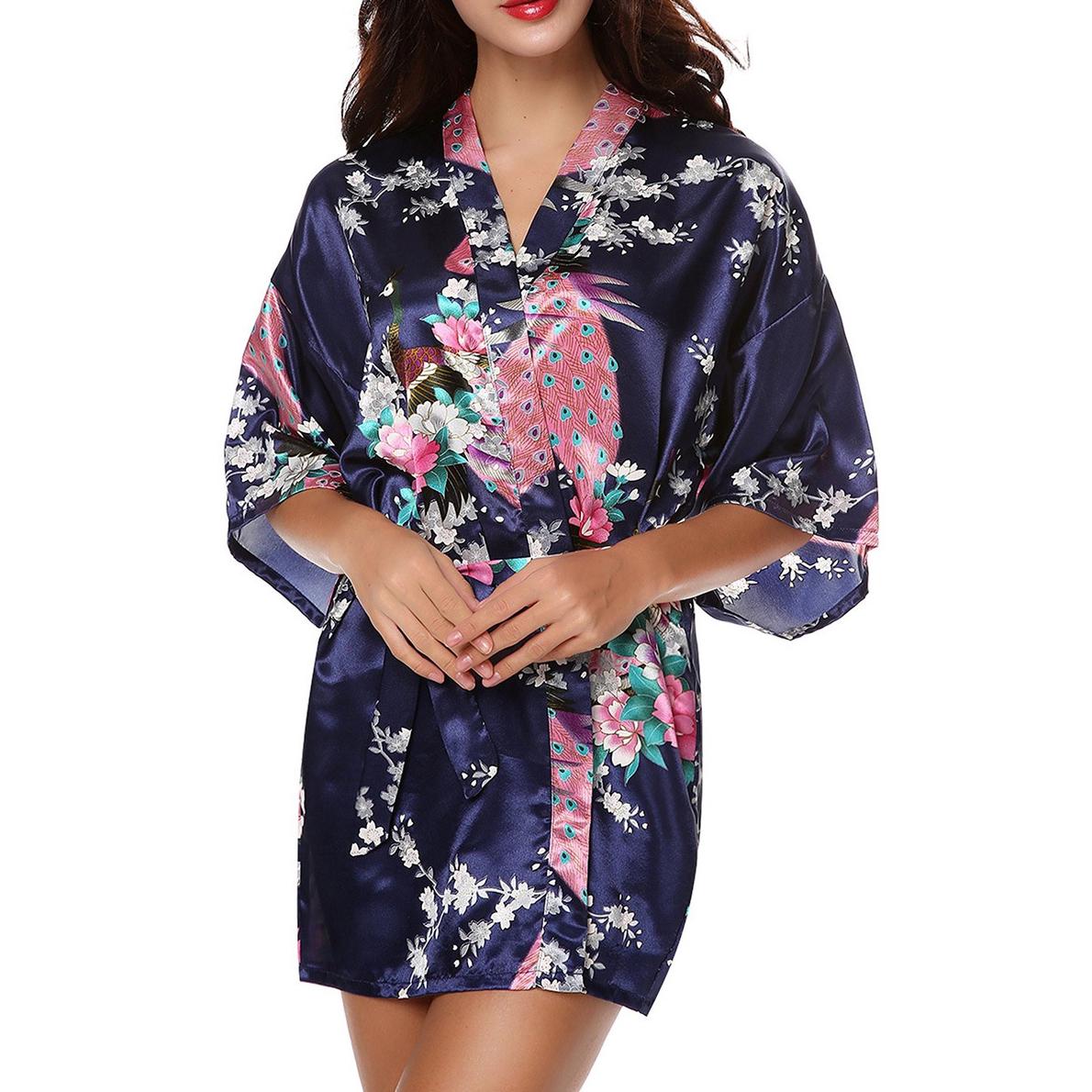 Seide Royal Floral Frauen Robe Sexy Hochzeitskleid Nachtwäsche Nachthemd Kimono Bademantel XXL ultramarin blau
