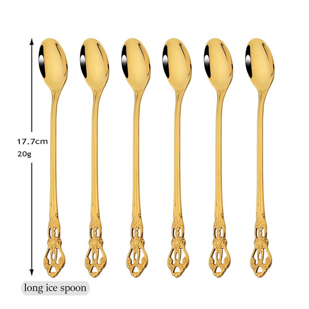 6-teiliges buntes Besteck-Set mit langem Griff, Edelstahl, Rührlöffel, Rührbesteck, Dessert, Kaffee, Eislöffel, Küchengeschirr-Set gold