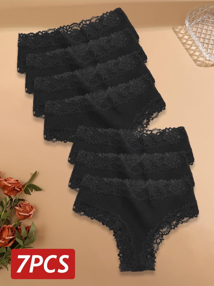 7 Stück/Set Damen Sexy Spitze Slips Nahtlose Baumwolle Brasilianische Slips Mädchen Atmungsaktive Sexy Niedrig geschnittene Unterwäsche Damen Weiche Lingerie M&7Pcs beige