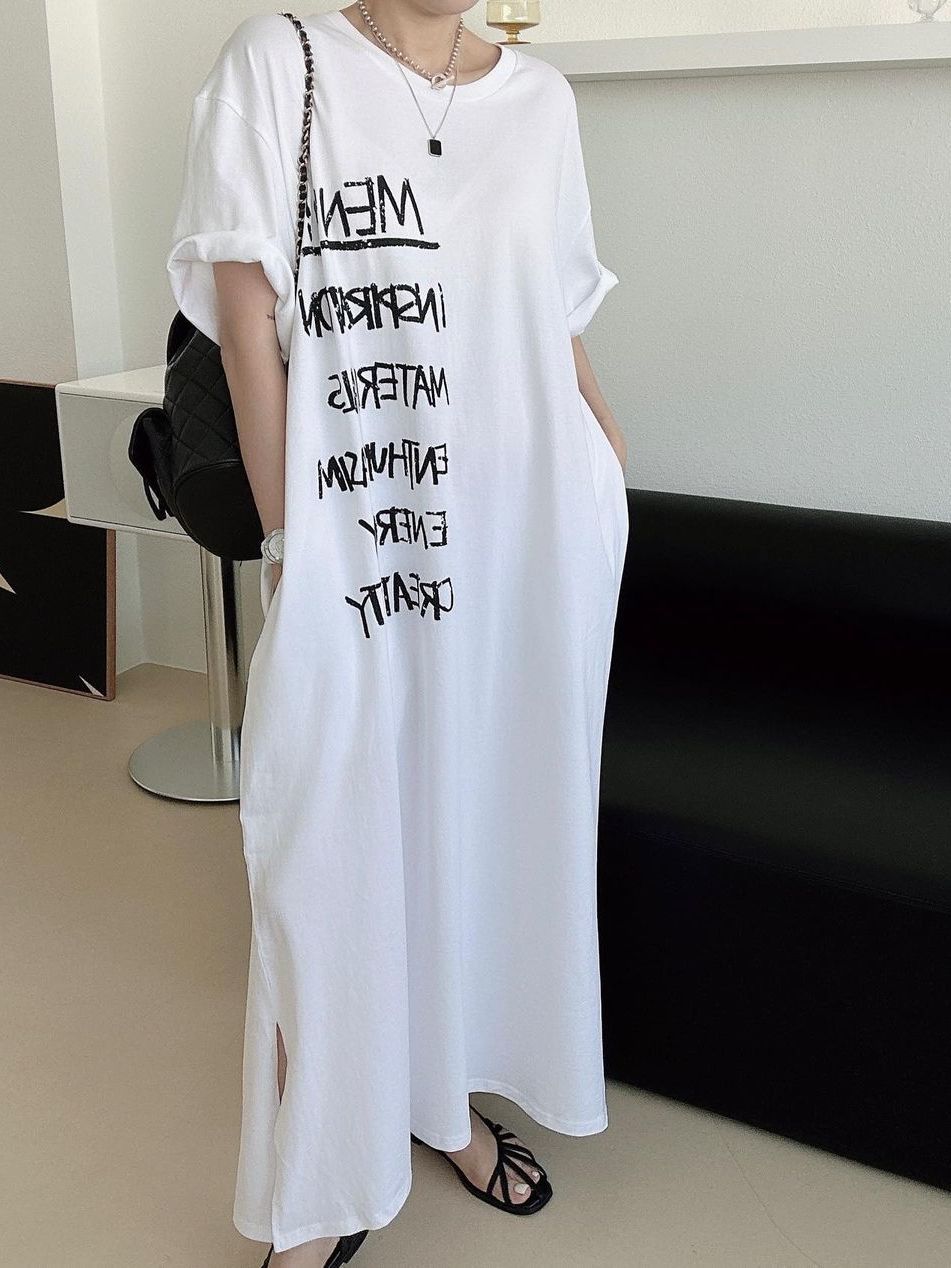 Plus Size Damen T-Shirt Kleid im koreanischen Stil mit kurzen Ärmeln, Sommerkleid mit lockerem Buchstabendruck, lange Kleider XXXL weiß