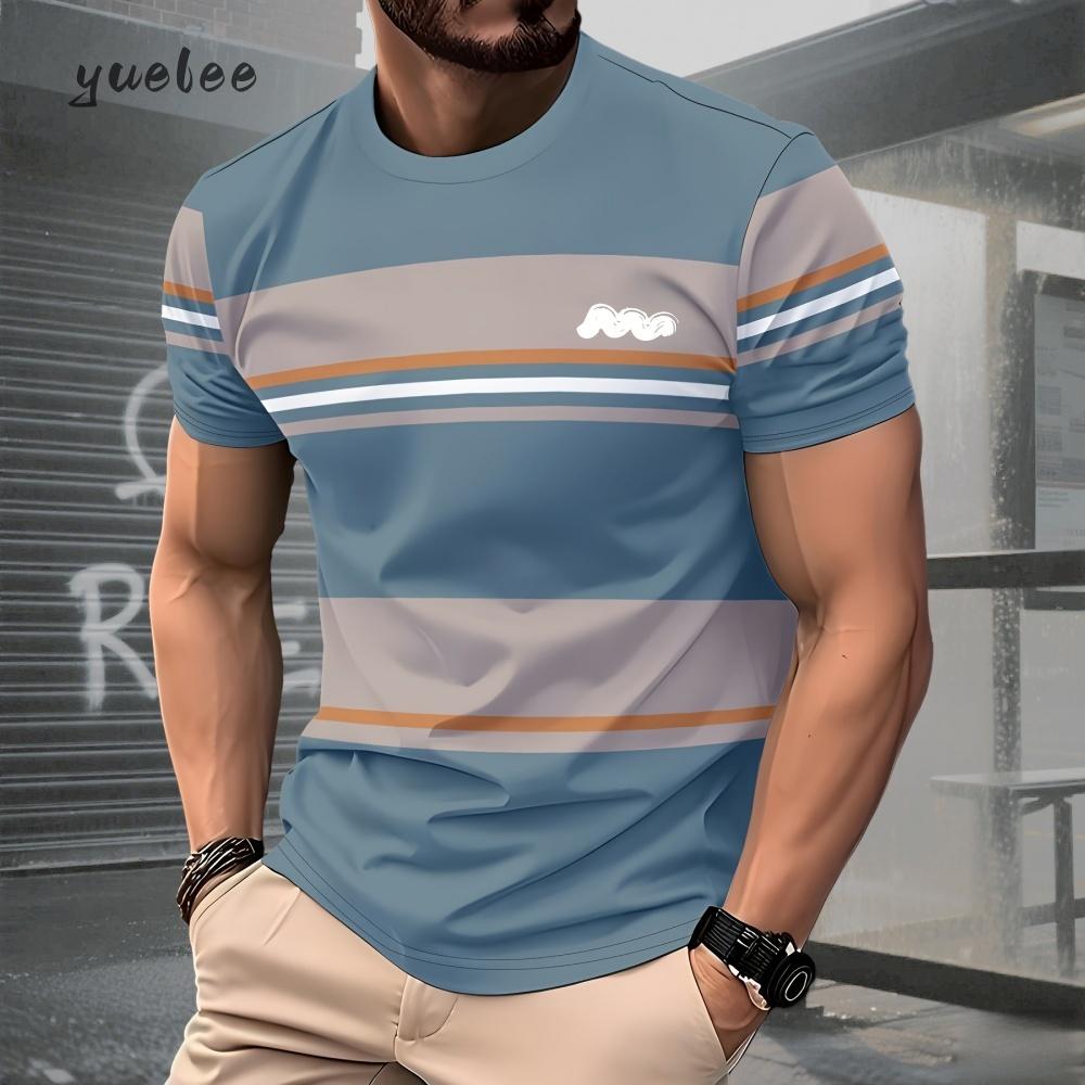 Sommerliche Herrenmode gestreift bedrucktes Herren-Strickhemd, einfache Übergrößen Herrenbekleidung, vielseitiges O-Ausschnitt Herren-Kurzarm-T-Shirt 2XL