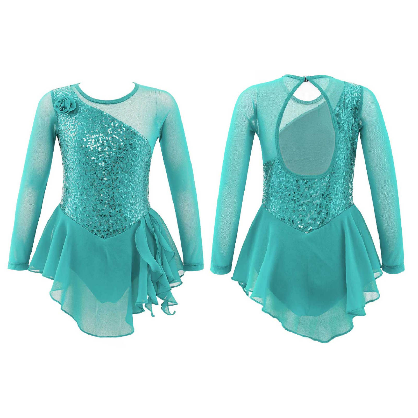 Eiskunstlaufkleid für Kinder, Eislauf-Wettkampfkleidung, Mädchen-Ballett-Tanz-Gymnastik-Kleider 5-6 Years minze, grüne