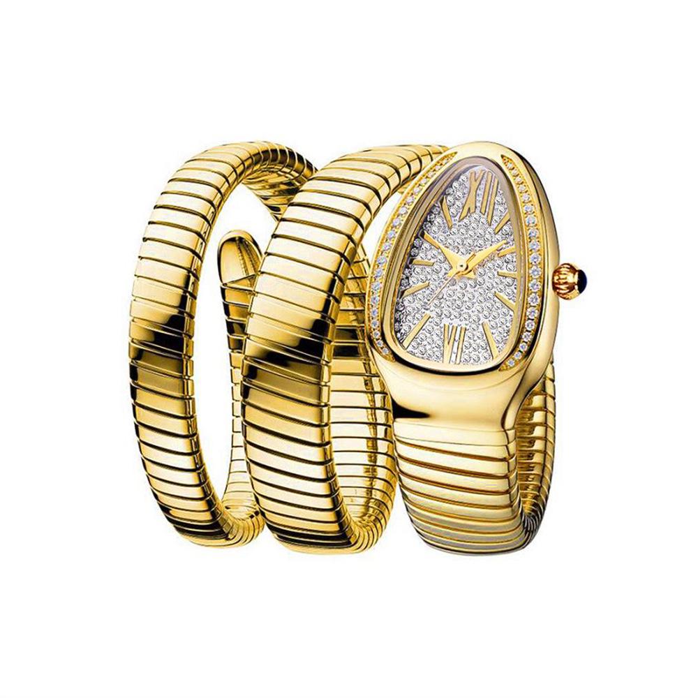 MISSFOX Luxus Damenuhren Schlangenform Armband Armbanduhr für Frauen Stahl Einzigartige Gold Quarz Damenuhr gold