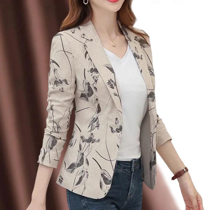 Schlanker, kurzärmliger, bedruckter Blazer mit einem Knopf für Damen, langärmelig, dünner Mantel, lässig, Übergröße, Blazer, kurzes Oberteil, Frühlings- und Herbst-Cardigan XXL apricot