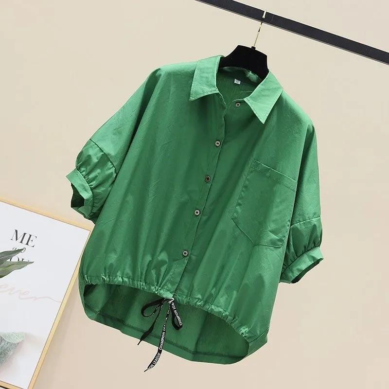 Sommer Fledermausärmel Freizeithemden Damen Mode Locker Einfarbig Übergröße Blusen Schnür-Tops Leichte Baumwolle Blusen XXL grün