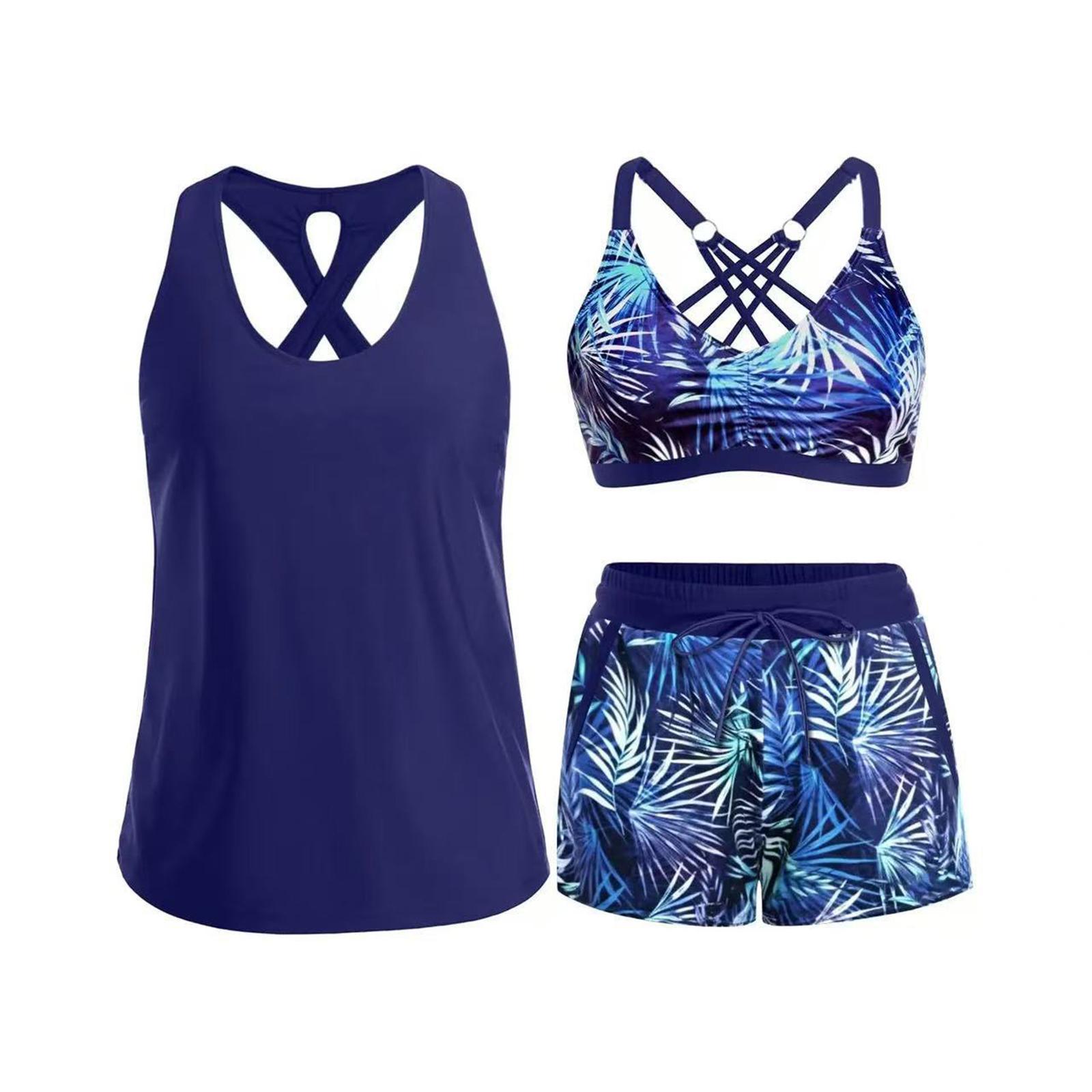 Dreiteiliges Damen-Tankini-Badeanzug-Set mit überkreuztem Rückendesign, hoch taillierter bedruckter Hose und Badeoberteil für Strand und Pool L dunkelblau