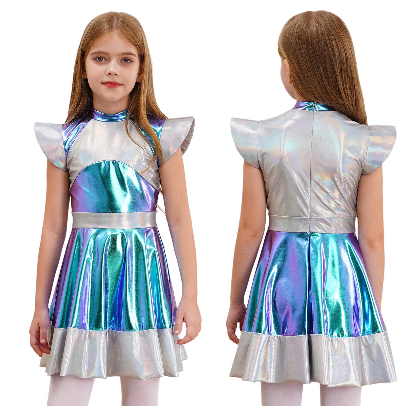Kinder Mädchen glänzend metallisch Weltraum Cutie Kostüm Halloween Alien Fancy Cosplay Kostüm Flügelärmelchen Kleid Roly Play Kleidung 11-12 Years silber