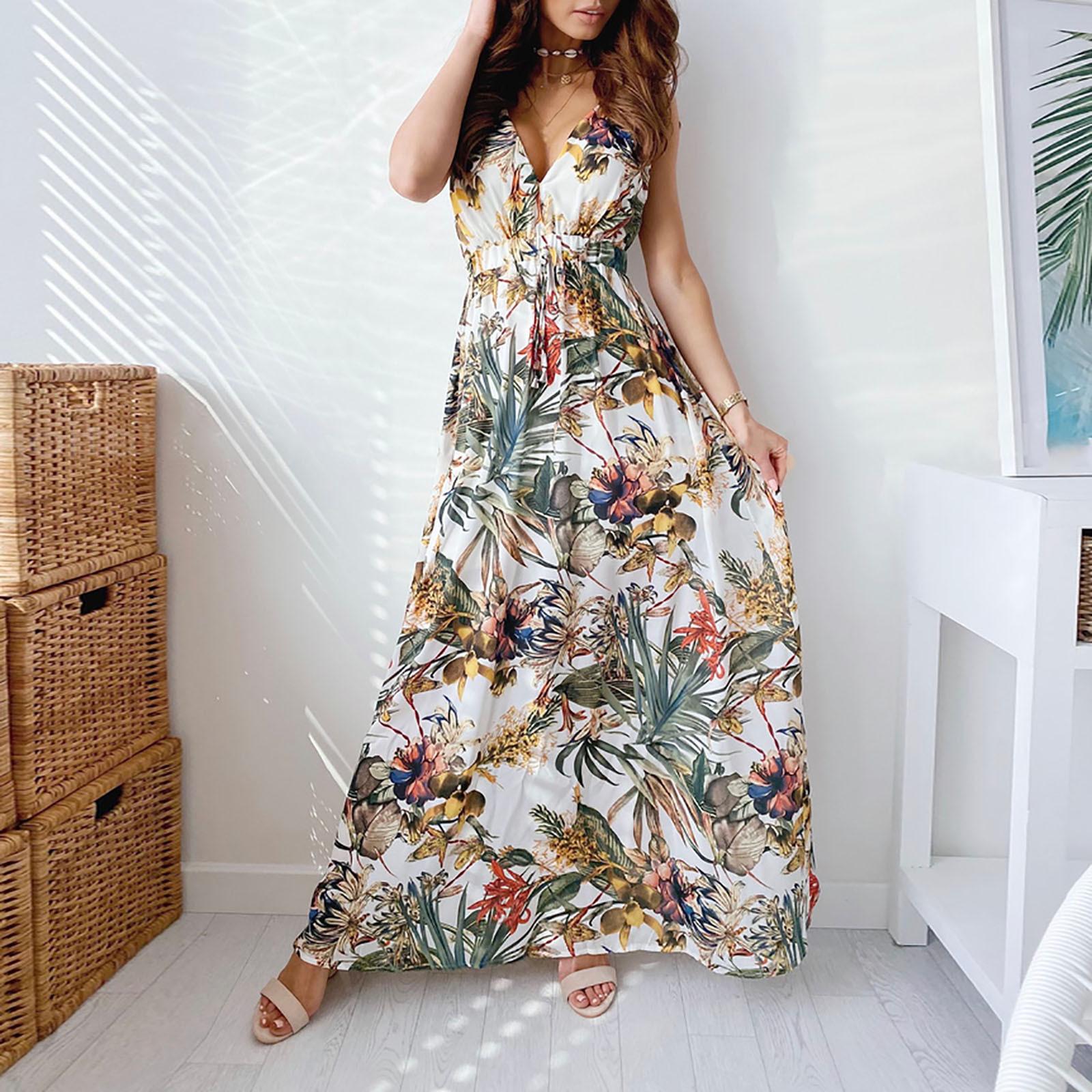 Lässige Sommerkleider für Damen, Neckholder-Maxikleid, Damen, V-Ausschnitt, Partykleidung, langes Kleid, bedruckt, Strandkleidung, ärmellose Kleider XL weiß