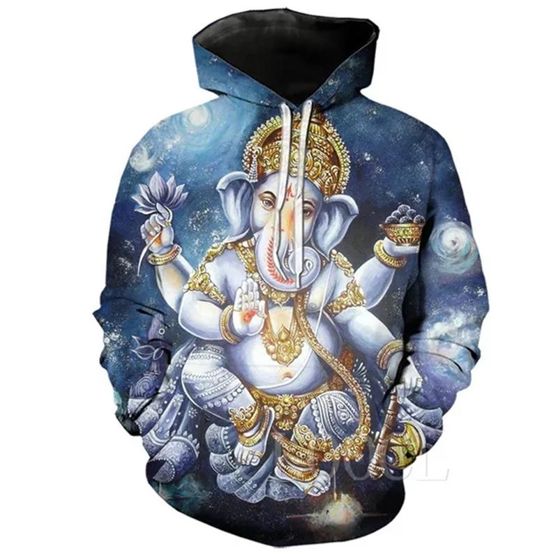 Hindu-Gott Ganesha Hoodie für Damen und Herren, 3D-Druck, langärmelig, mit Kapuze, lässige Oberteile, Streetwear, Grafik-Sweatshirts, Bekleidung S
