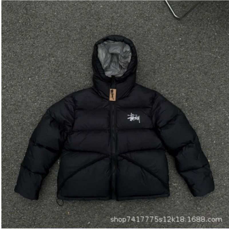 Unisex Kapuzen-Pufferjacke Baumwollfüllung Warmer Wintermantel Lockere Passform Reißverschluss vorne Bestickt Einfarbige Large schwarz grau