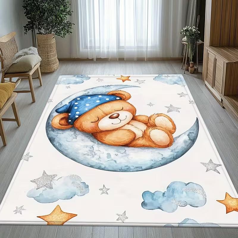 Schlafender Bär auf Mond-Teppich Jungen- und Mädchenschlafzimmer-Teppich Spielzimmer, Kinderzimmer-Dekoration Kinder-Spielmatte Schlafzimmer Flur Wohnzimmer-Teppich 80X120CM