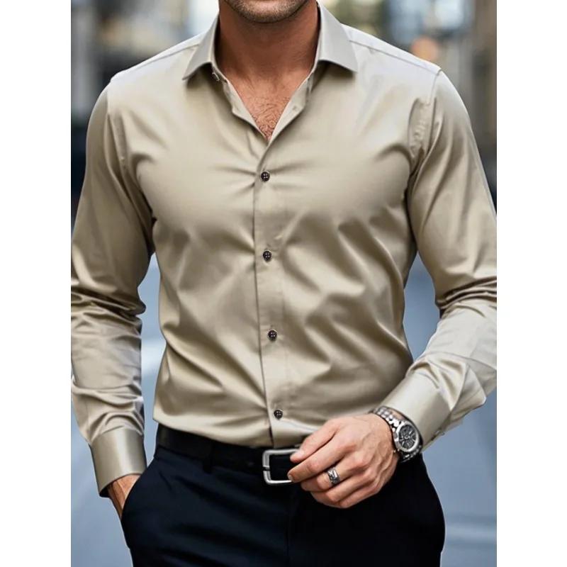 Bolubao Neue Herrenhemden Mode Langarm Lässig Einfarbig Elastisch Männlich Hochzeitskleid Hemd XL khaki