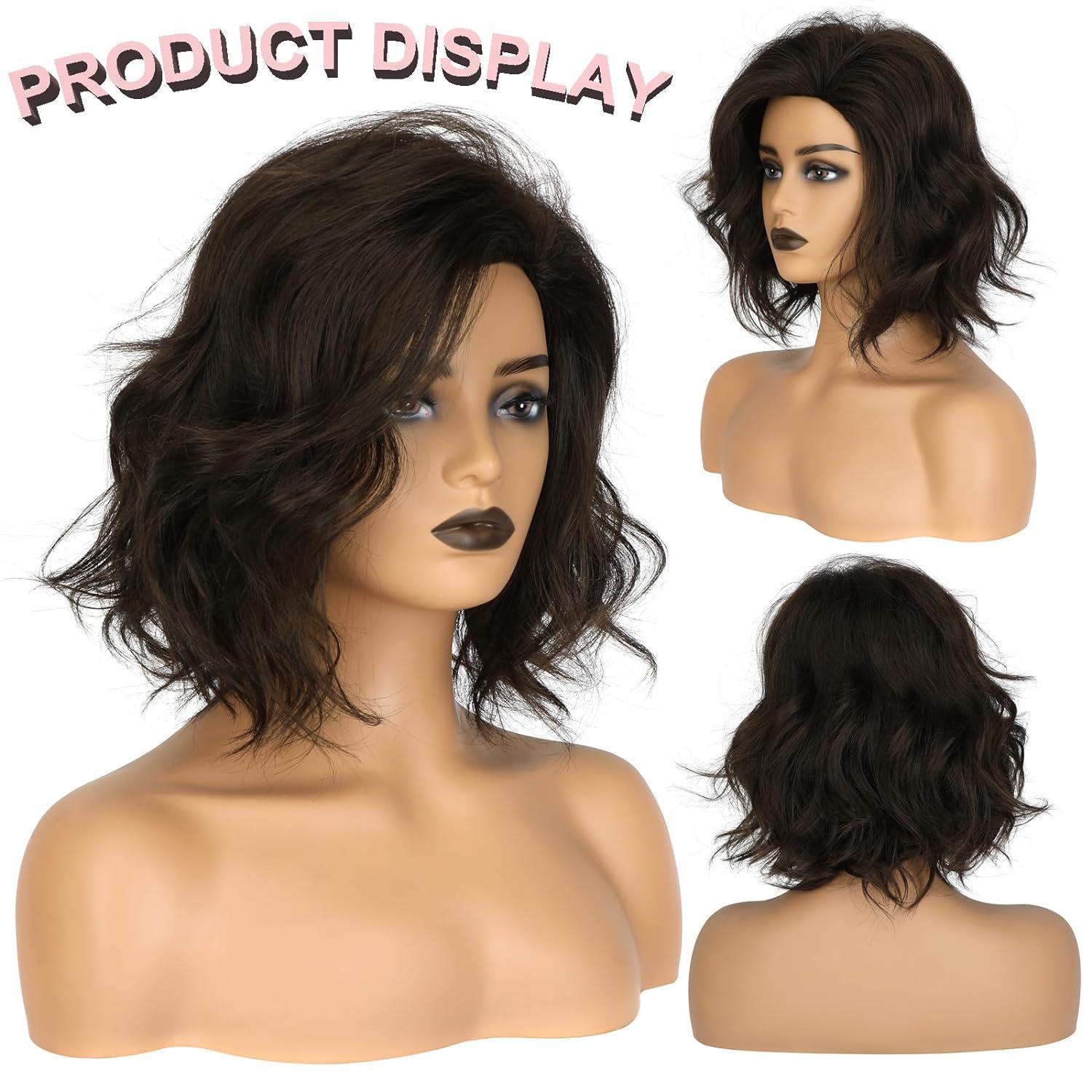 Kurze schwarzbraune lockige Bob-Perücken für Frauen, synthetische, flauschige Perücke mit seitlichem Pony für den täglichen Gebrauch, Party, Cosplay, Hochtemperatur-Perücken schwarz