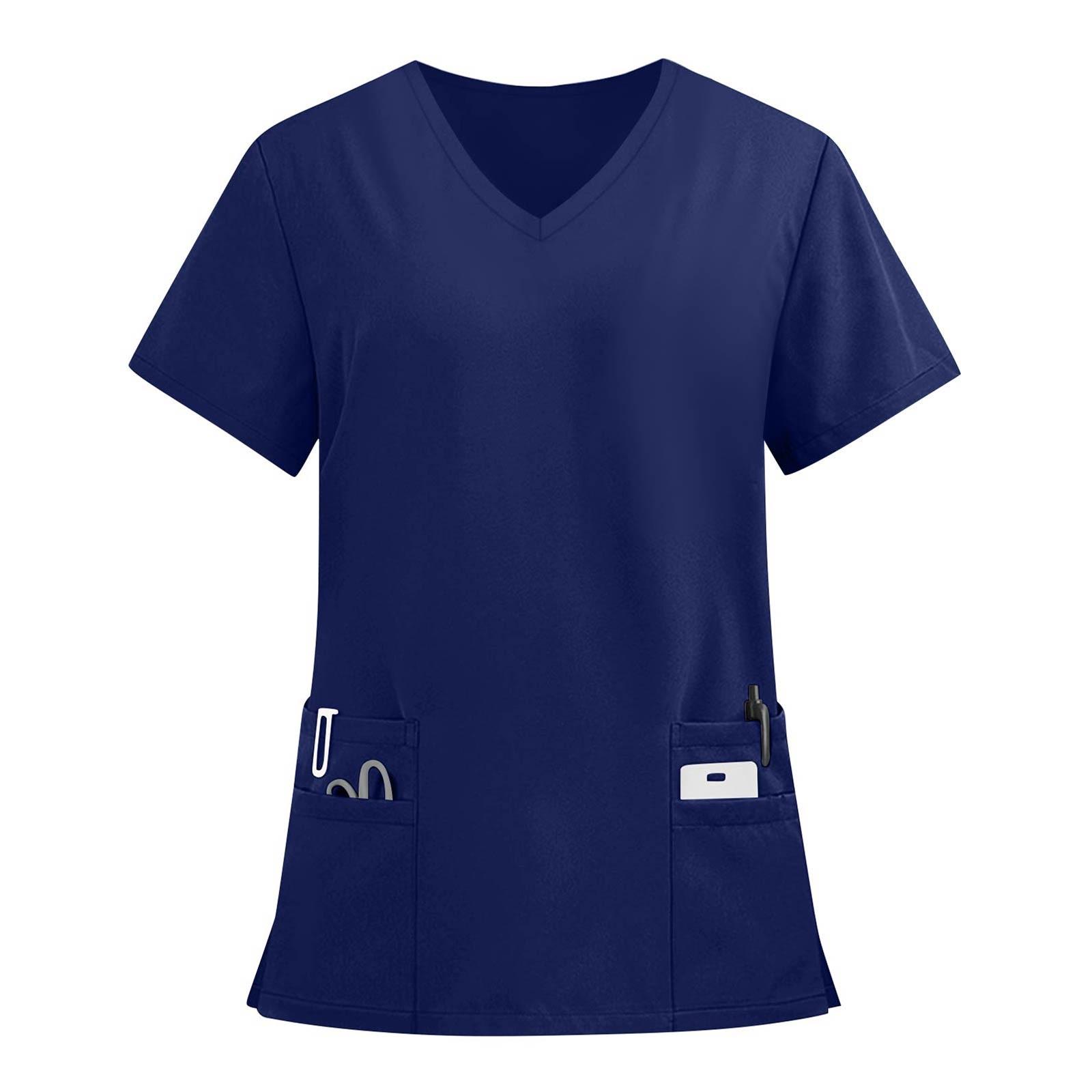 Damenmode Einfarbig Kurzarm V-Ausschnitt Muster Tops Tasche Arbeits-T-Shirts XXXXXL dunkelblau