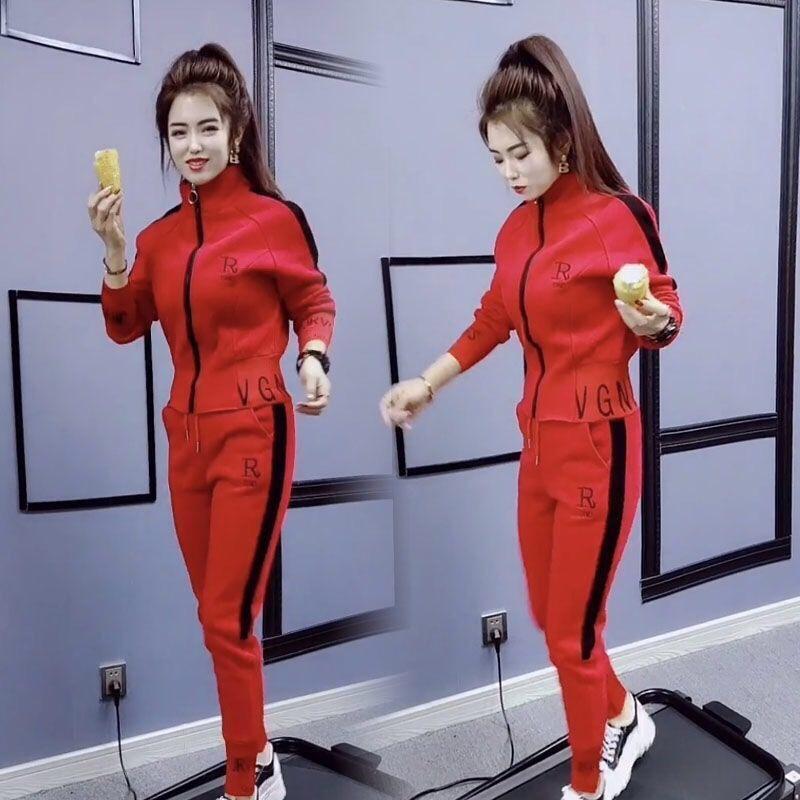 Damen Frühling Herbst Mode Casual Anzug Koreanische Sportbekleidung Schlank Langarm Mäntel Tops und Hosen 2 Zweiteiler Set für Damen XXXL rot