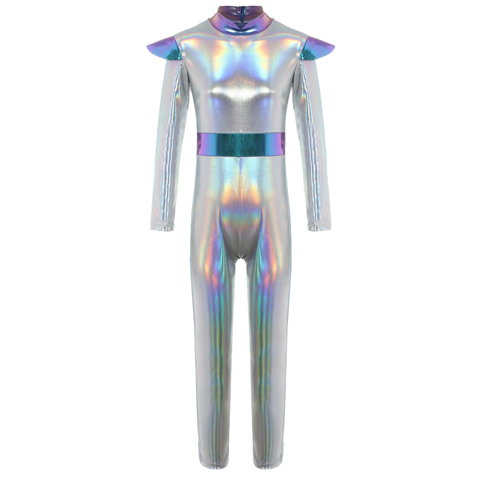 Kinder Alien Cosplay Kostüm Langarm Glänzender Metallic Bodysuit Alien Rollenspiel Jumpsuit Halloween Party Verkleidung 7-8 Years silber