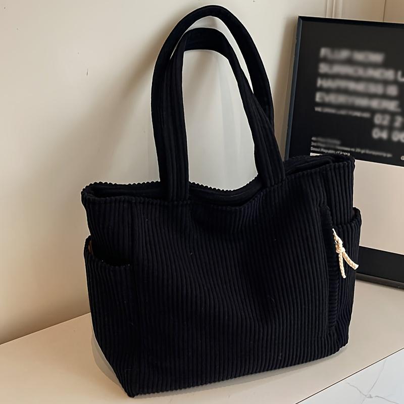Lässige Cord-Handtasche mit Reißverschluss, leichte und geräumige Umhängetasche, einfarbige Alltags-Pendler-Handtasche, Tragetasche, Schüler-Klassenraum-Paket schwarz