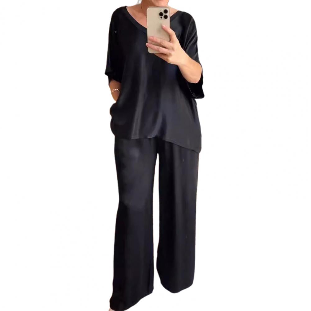 Hosenanzug mit weitem Bein für Damen, elegantes Satin-Oberteil, weites Hosenset für Damen, Bluse mit V-Ausschnitt und Kordelzug in der Taille, locker für Damen M schwarz