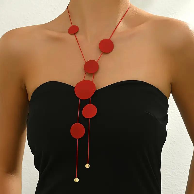 Damen Lange Halskette Trendy Temperament Schmuck Scheibe Hohl Geometrische Kette Halskette rot