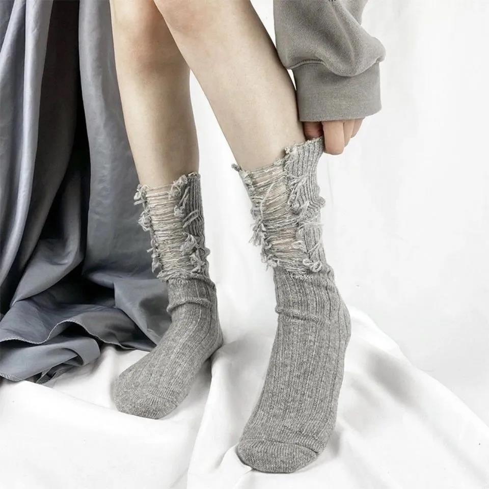 Herbst/Winter Socken Damen Ripped Reine Baumwolle Socken Hoher Schaft Tailoring Frotteesocken Einfarbig Gestrickte Socken licht grau