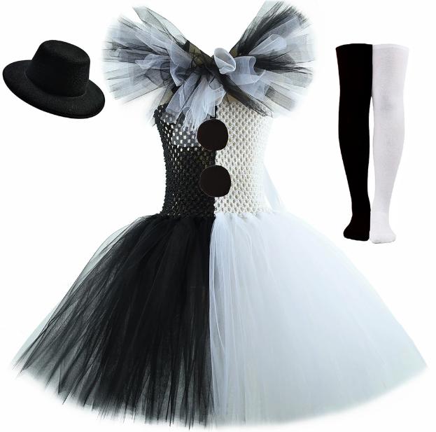 Halloween Outfit Kinder Party Horror Kleid Anzug Mädchen Clown Kostüm Mit Hut, Handschuhen, Messer Requisite Spitze Puffiges Kleid Für Mädchen Kleidung 8-9Y(125-140cm) gray